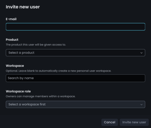 Org admin Invite new user screen