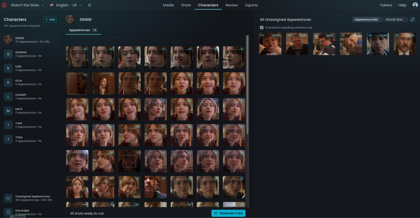 Characters page with the Character library, the selected character's appearances and All Unassigned Appearances panels