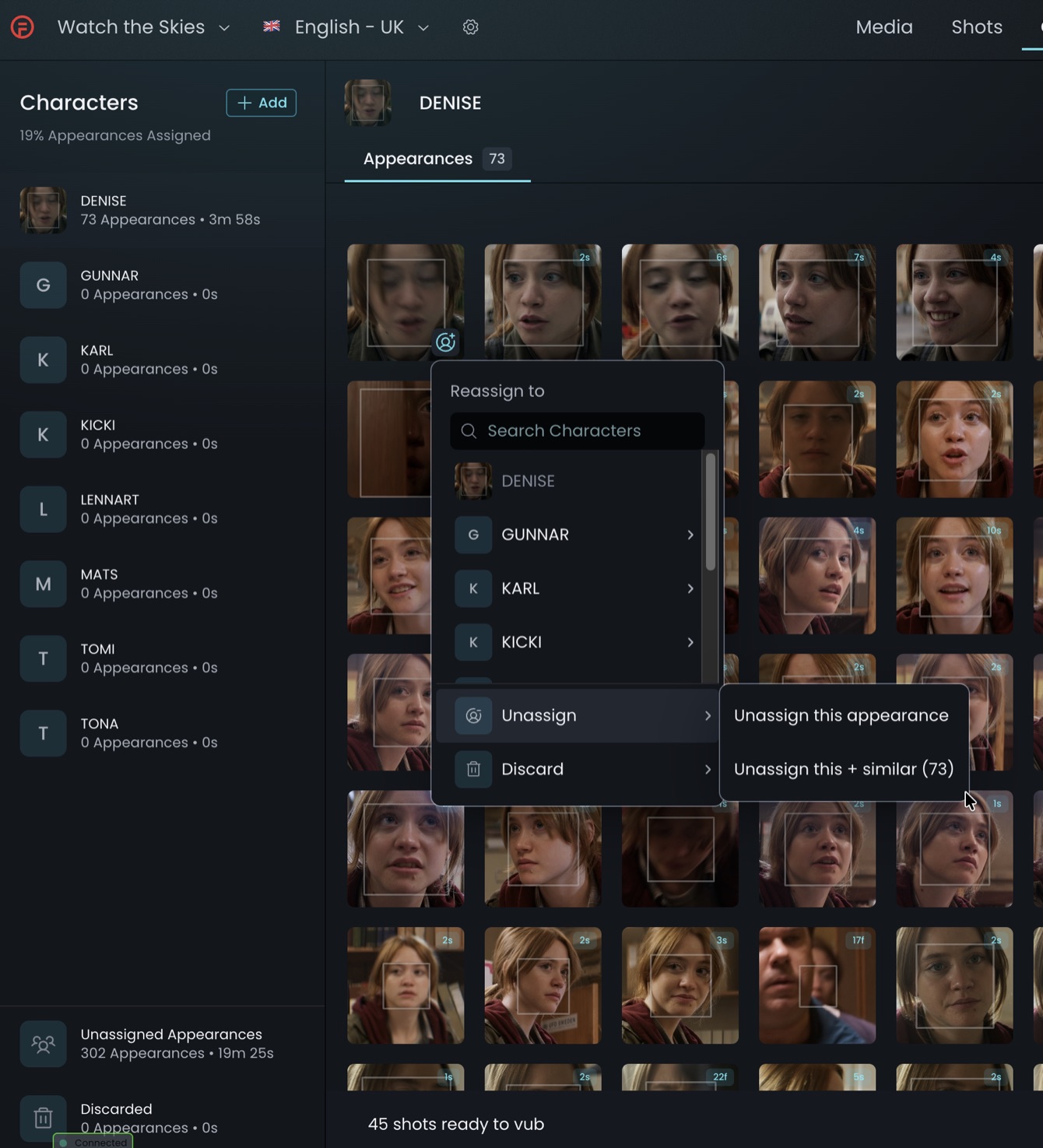 Reassign to menu on an appearance thumbnail, listing characters plus the Unassign and Discard options