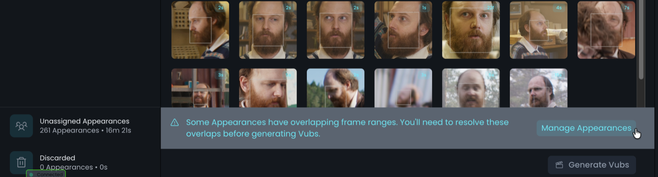 Warning that some appearances have overlapping frame ranges, with a Manage Appearances button