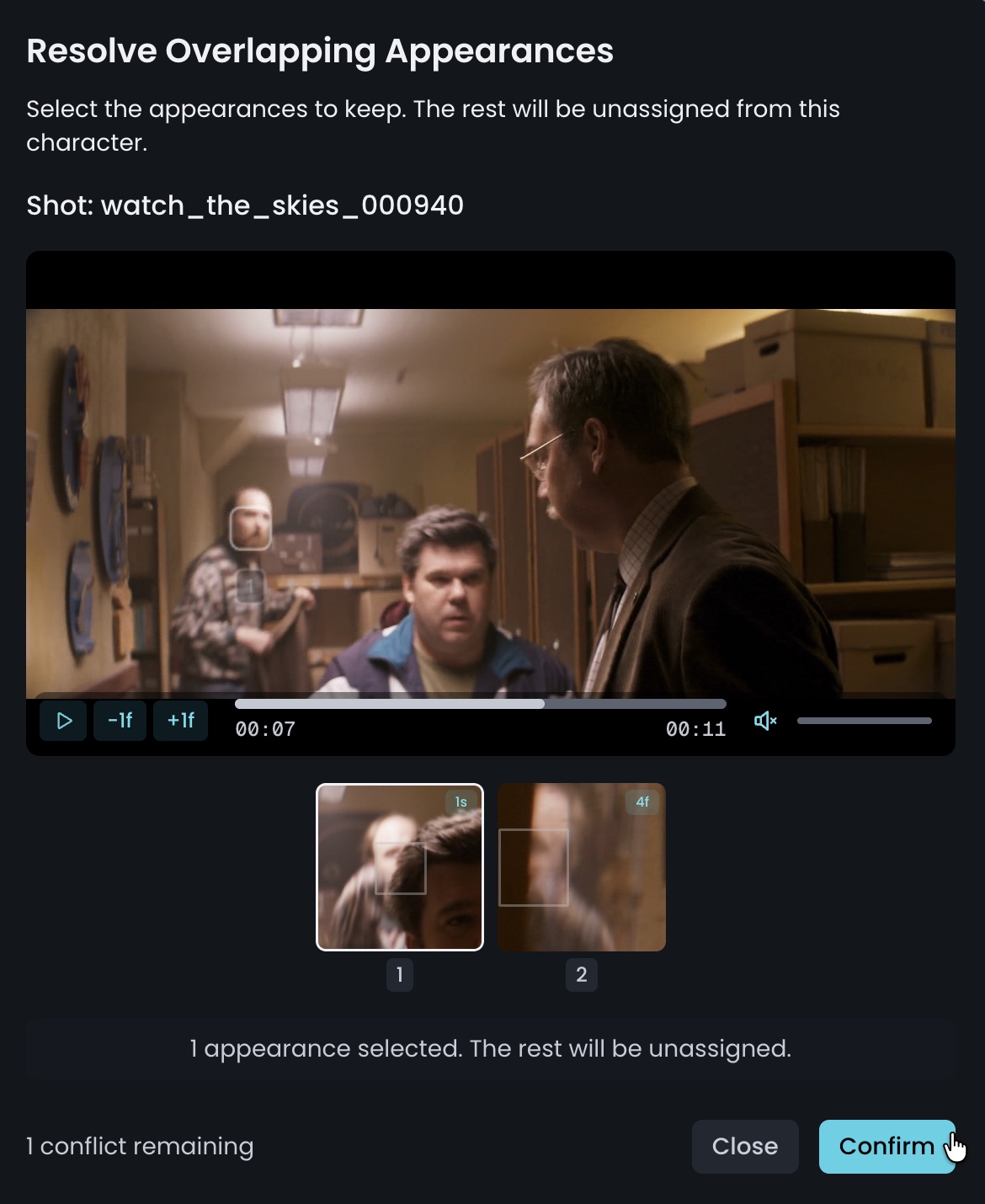 Resolve Overlapping Appearances window with a shot player and the overlapping appearances to choose from