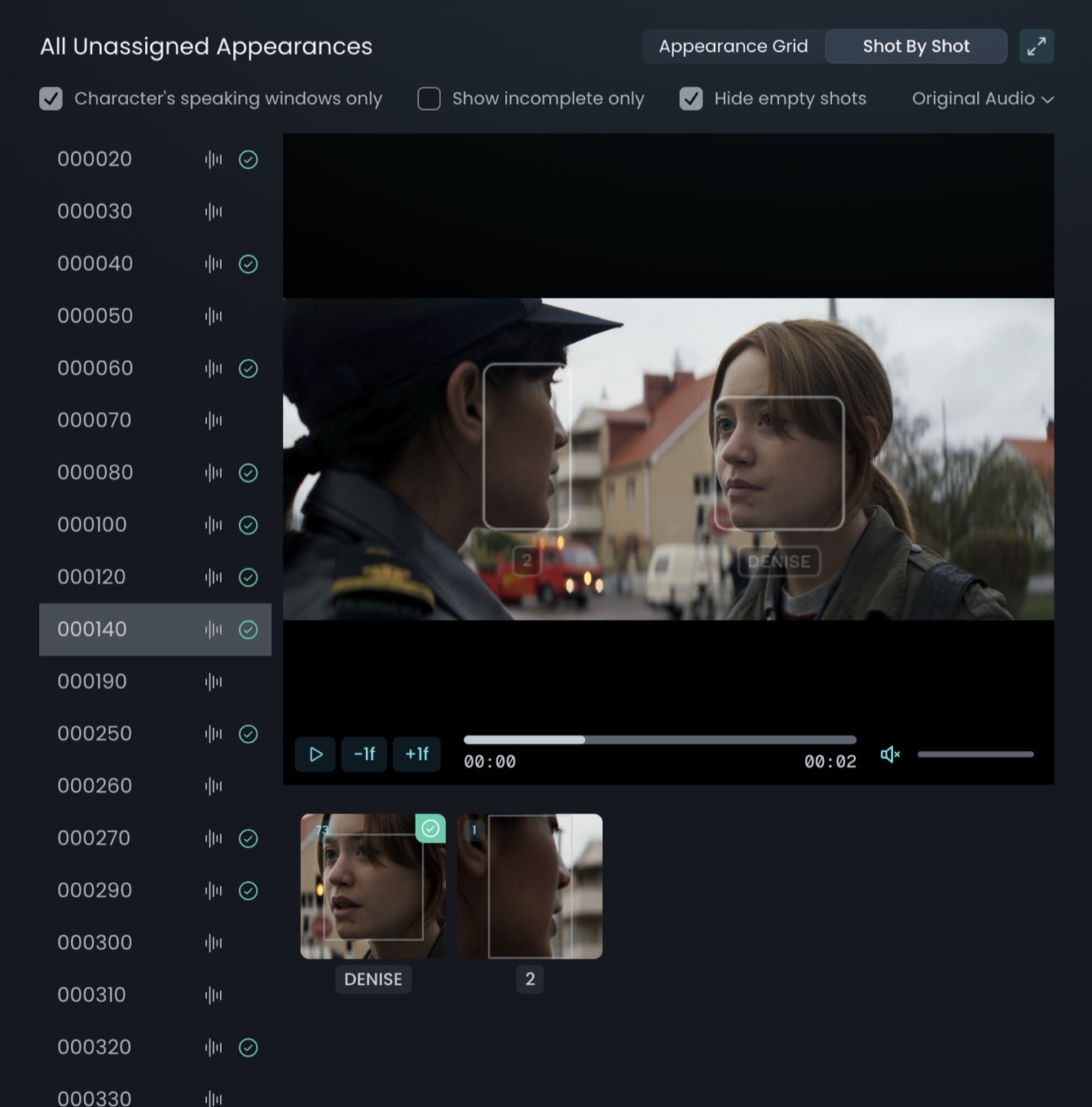 Shot By Shot view after Find more, with a newly detected face shown next to the assigned character
