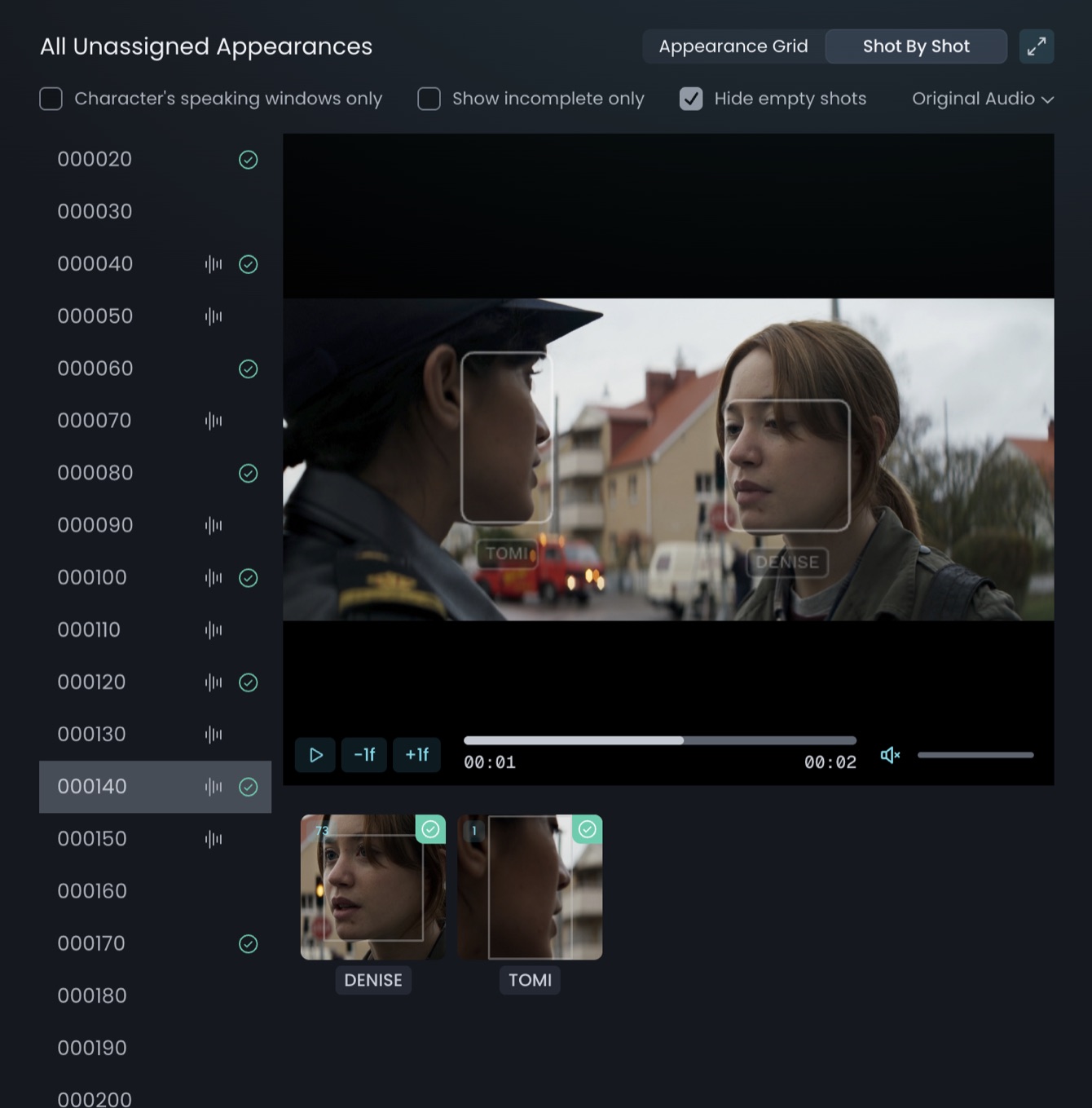 Shot By Shot view with the newly detected face assigned to a character