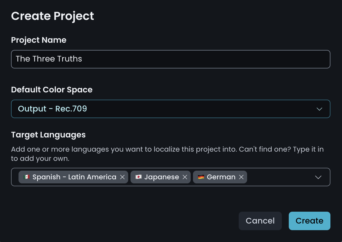Create Project window with the Project Name, Default Color Space and Target Languages fields