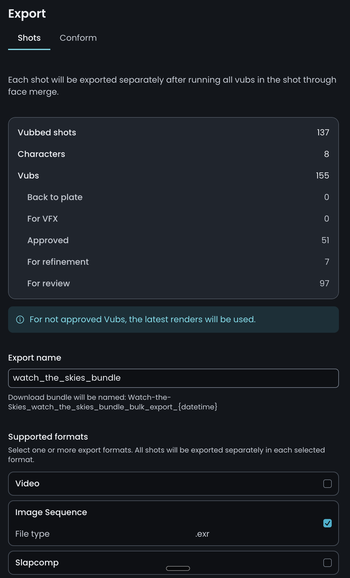 Export panel on the Shots tab with the package summary, export name and supported formats