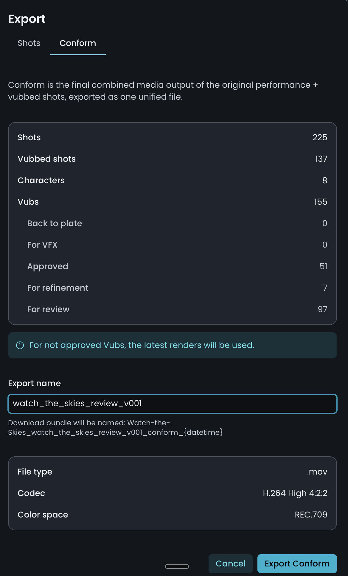 Export panel on the Conform tab with the package summary, export name, file type, codec and color space