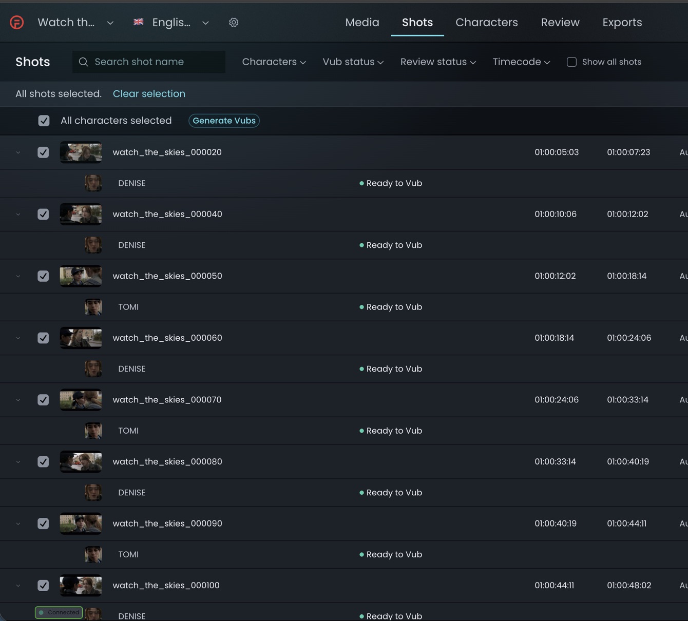 Shots page with all shots selected, each character marked Ready to Vub, and the Generate Vubs button