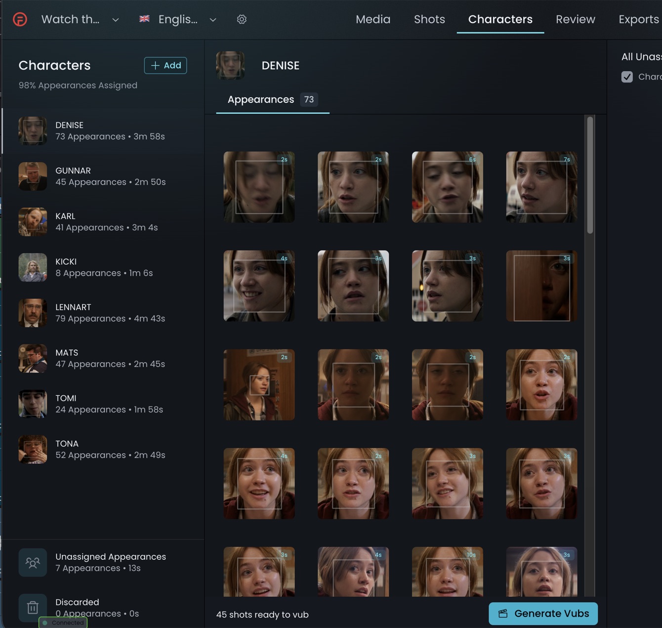 Characters page for a character with processed audio, showing the Generate Vubs button