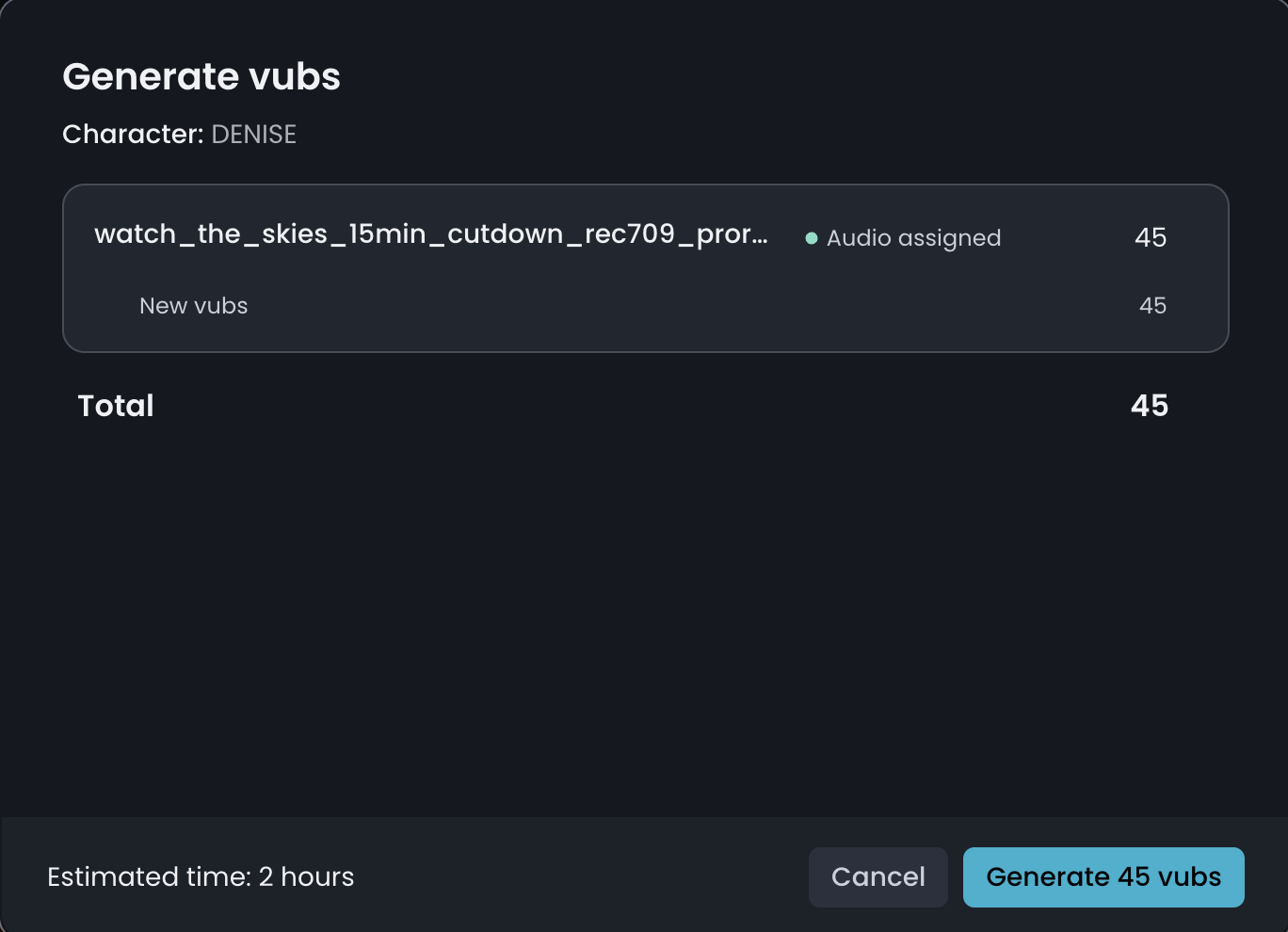 Generate vubs window for one character with the number of new vubs and the estimated time