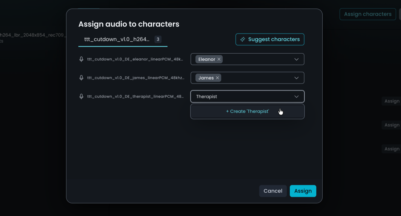 Assign audio to characters window with a character name typed next to a stem and the + Create option