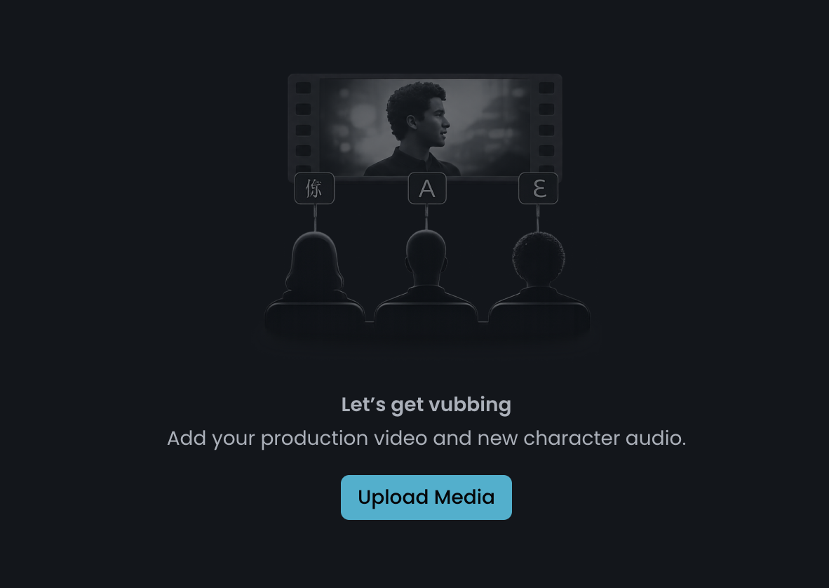 Empty Media page asking you to add your production video and new character audio, with an Upload Media button