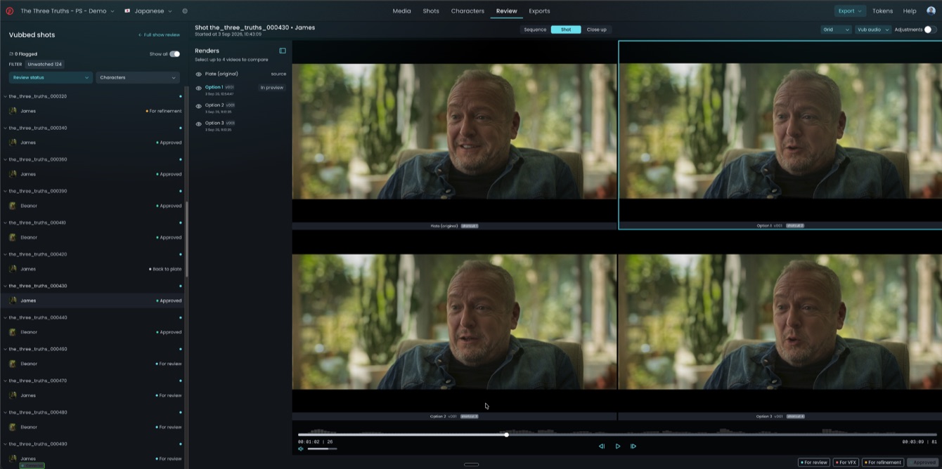 Shot-by-shot review with four preview windows: the plate and Options 1, 2 and 3