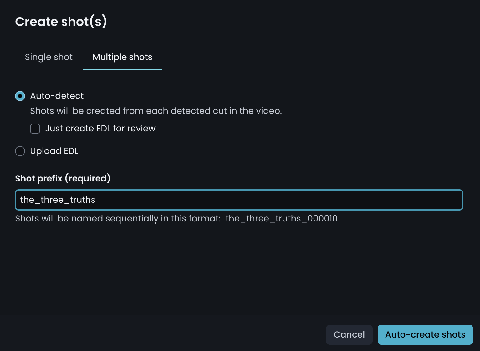 Create shot(s) window on the Multiple shots tab with Auto-detect selected and a preview of the shot naming format