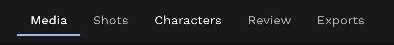 TrueSync tab bar with the Media, Shots, Characters, Review and Exports tabs
